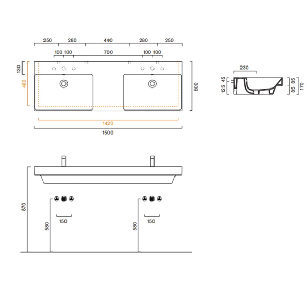 Catalano ZERO Раковина 150x50 двойная, с 2 отв. под смеситель, покрытие Cataglaze+, цвет белый глянцевый 