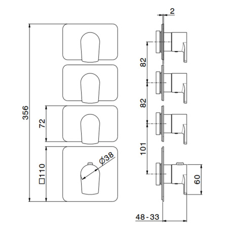 Newform Haka Внешняя часть термостатического смесителя на 3 источника с отдельными ручками запорного вентиля, цвет: черный матовый 