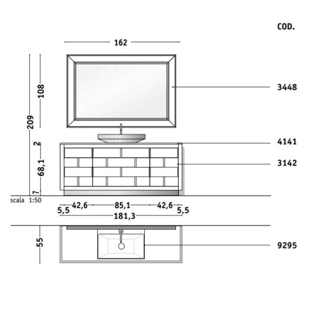 VITAGE milldue edition Раковина LONDRA 700х500х125 мм., керамическая, без перелива, c 1 отверстием для смесителя, цвет белый/платина 
