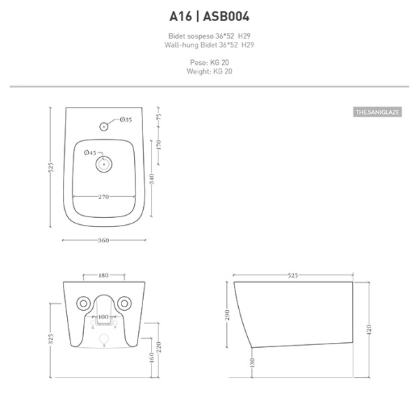 Artceram A16  Биде  подвесное  36х52 см, с 1 отв под смеситель, с креплениями,  цвет черный матовый SANIGLAZE 