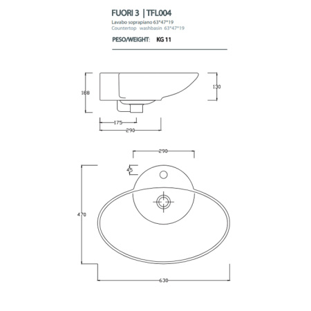 Artceram WASHBASINS FUORI 3  Раковина накладная 63х47 см, с 1 отв под смеситель, цвет белый. 