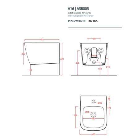 Artceram A16 MINI  Биде подвесное  36х45 см, с 1 отв под смеситель, с креплениями,  цвет белый. 