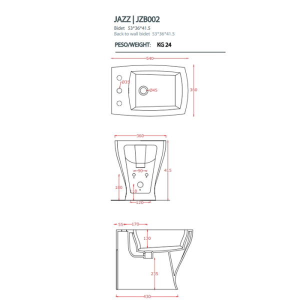 Artceram JAZZ биде напольное 54*36см с 3 отв под смеситель с креплением, цвет белый 