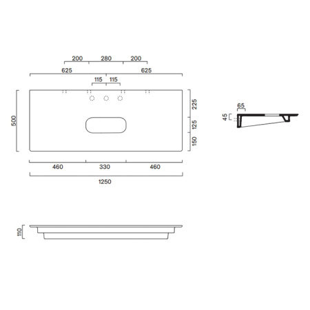 Catalano Столешница керамическая 125x50, с отверстием , цвет черный матовый 