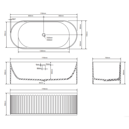 DEA DESIGN Stripes Ванна отдельностоящая 170x72xh56 см, материал: Solid Surface искуственный камень, цвет: Red Wine №17 