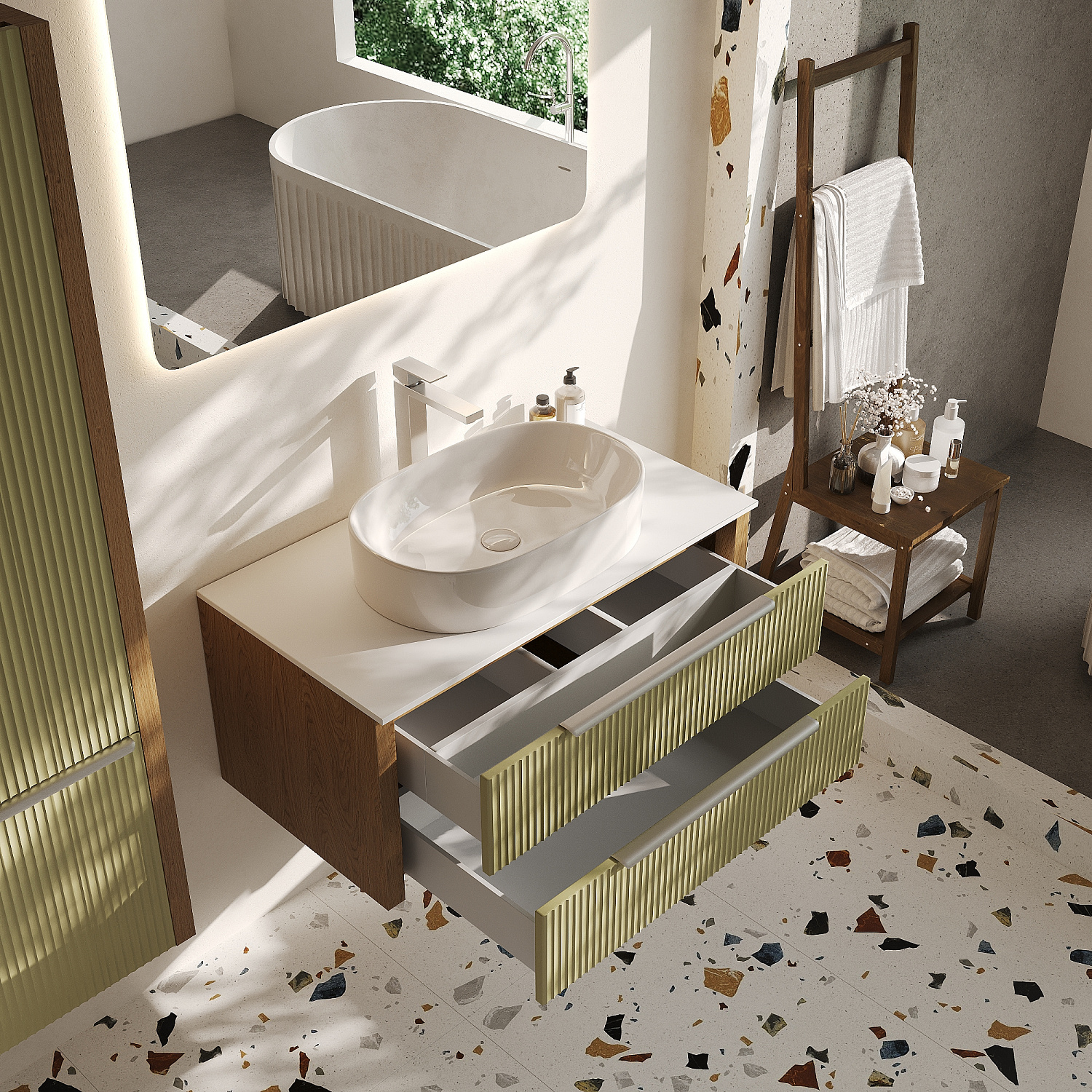 Тумба со столешницей Валенсия, Зеленый тростник/Столешница компакт-плита, Белая