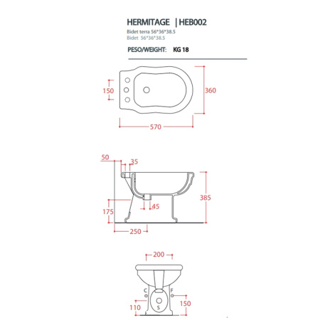 Artceram HERMITAGE биде напольное 55*36см с 1 отв под смеситель с креплением, цвет черный 