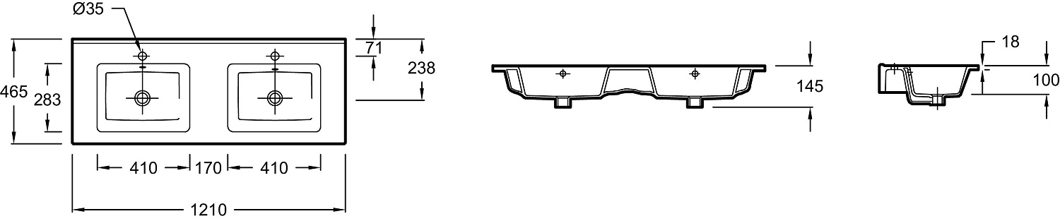 EXVA112-00 Керамическая раковина столешница с двумя чашами, 120 см