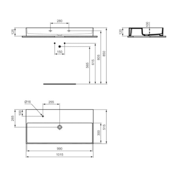 Ideal Standard Solos Раковина подвесная 100х50см, с 1 отв, без перелива, цвет: черный глянцевый 