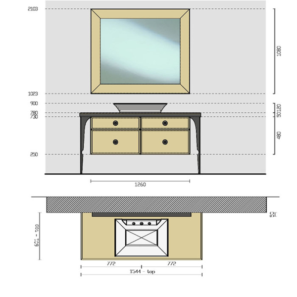 VITAGE milldue edition Majestic Тумба 1260х549хh480 мм., подвесная, с 4 выдв. ящиками. без отв. под смес., отделка зеркало Bronzo acidato/black crom 