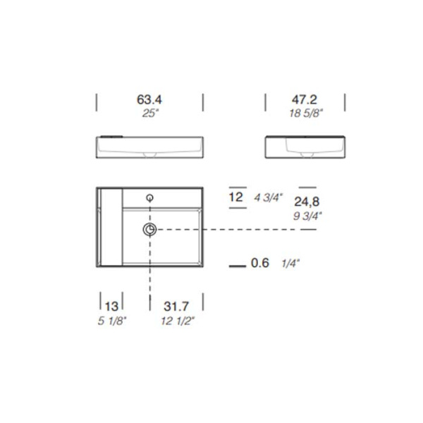 MILLDUE  Раковина  MAN 63 накладная из CRISTALPLANT ,126,5х47,2 см, с 1 отв для смесителя, цвет белый матовый 