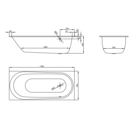 BETTE Comodo Ванна 170х75х45 с шумоизоляцией, , область ног ванны справа, перелив спереди (для удлиненного слив-перелива) белая 