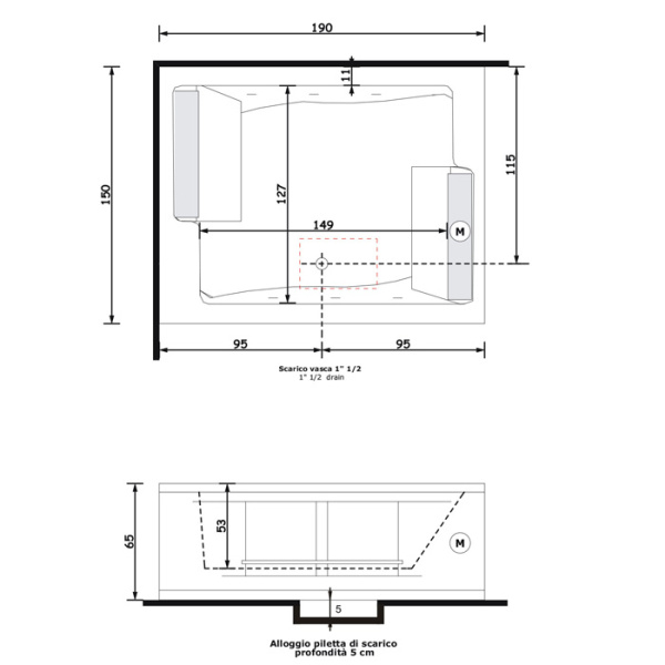 Gruppo Treesse BIS Ванна 190x150xh64 см гидром и аэром с цифр системой и сит дезинй\ф и пультом дист упр. 2 подушки белые,2 ручки,сливная колонка. 
