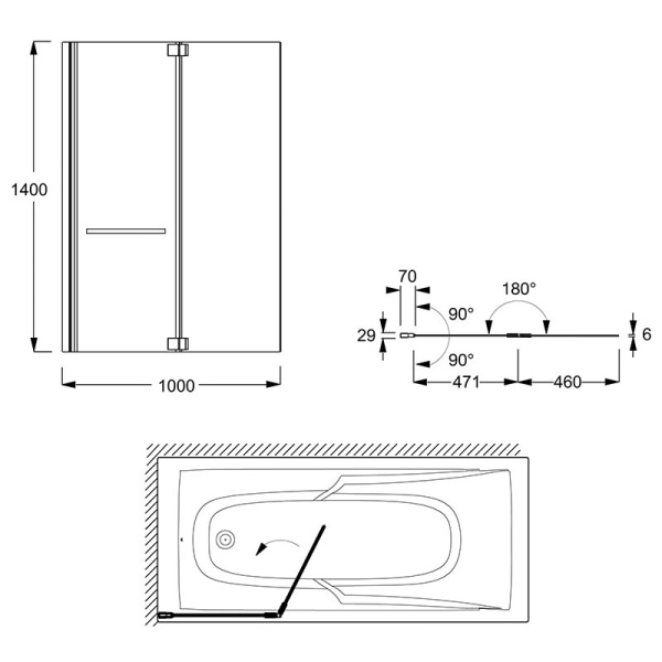 E4931-BL ADEQUATION Экран на ванну с двойной панелью 100х140 см с черными петлями 