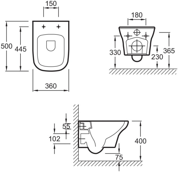 EDM102-00 унитаз подвесной VOX безободковый /36х50/(белый) 