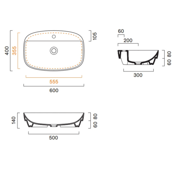 Catalano ALVEA Раковина 60x40 встраиваемая, с 1 отв. под смеситель, покрытие Cataglaze+ , цвет Cemento Satinato 