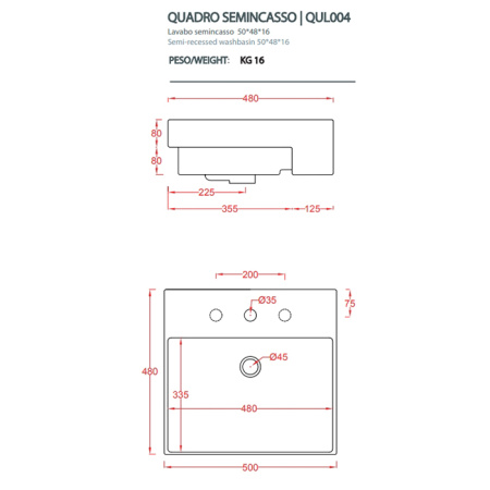 Artceram QUADRO Semincasso Раковина накладная полувстраиваемая 50х48 см, с 1 отв под смеситель, со слив переливом, цвет белый. 