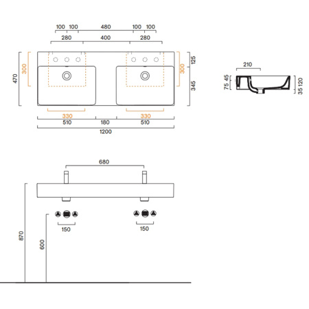 Catalano PREMIUM Раковина 120x47 двойная, с 2 отв. под смеситель, покрытие Cataglaze+, цвет белый глянцевый 