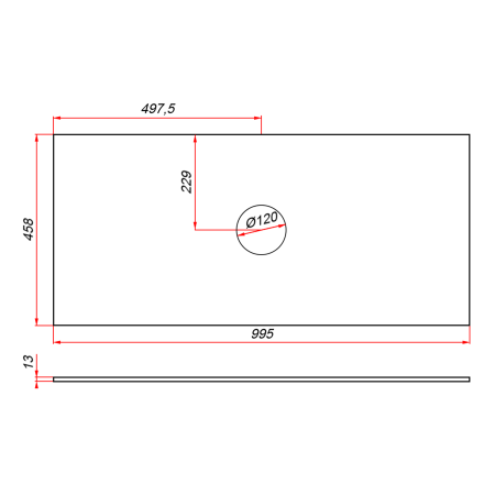 Столешница пластик Компакт-плита 13 мм белая, 1 вырез, (с наметками под 1 вырез), 995х458 мм 