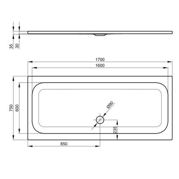 BETTE Душевой поддон 1700x750x35 мм, прямоугольный, D90 мм, с противоскользящим покрытием. цвет белый 