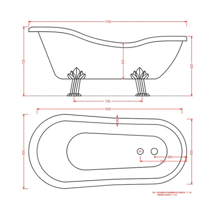 Artceram HERMITAGE Ванна акриловая на лапах,170х80 см ,со слив-переливом и сифоном в компл. цвет ванны белый, ножки хром 