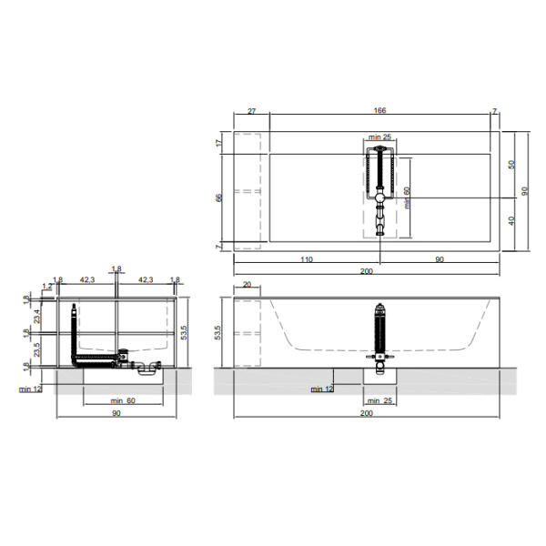 ANTONIO LUPI BIBLIO Ванна прямоугольная (4 стороны) 2000х900х535 мм., с нажимным донным клапаном, Corian, ванна белая, отделка Rovere naturale 