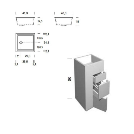 NOORTH milldue edition TOUCH Комплект мебели 410х400х880 мм., напольный, 3 ящика, слив в пол, раковина Milltek белая матовая, отделка Argilla матовый 