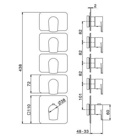 Newform Haka Внешняя часть термостатического смесителя на 4 источника с отдельными ручками запорного вентиля, цвет: PVD brushed stainless steel 