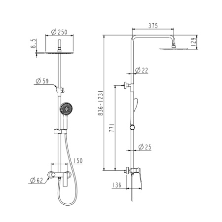 NEMO NM-1353CR Душевая колонна, смеситель для душа на 2 потока Верхний душ (латунь) 25 см 