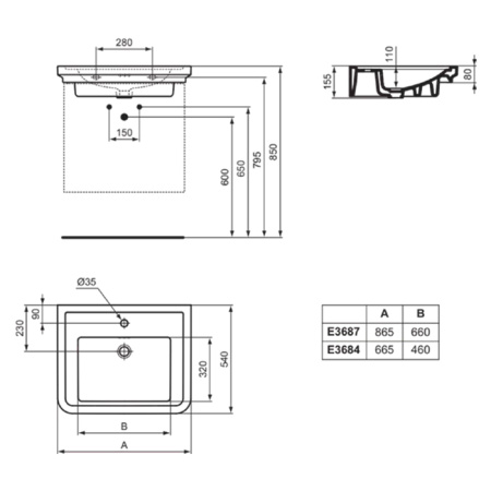 Ideal Standard Calla Раковина 665х540xh155 мм, подвесная, с 1м отв. под смес. и переливом, с крепежом цвет: белый глянец 