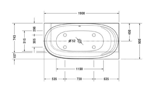 Duravit Cape Cod Ванна угол справа 1900x900mm с бесшовной панелью и ножками, с одним наклоном для спины, цвет белый 