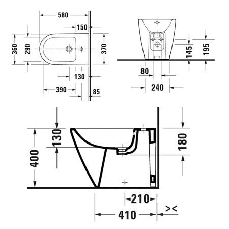 Duravit D-Neo Биде напольное 370x580х400 мм, с переливом, с 1 отв под смеситель, цвет: белый 
