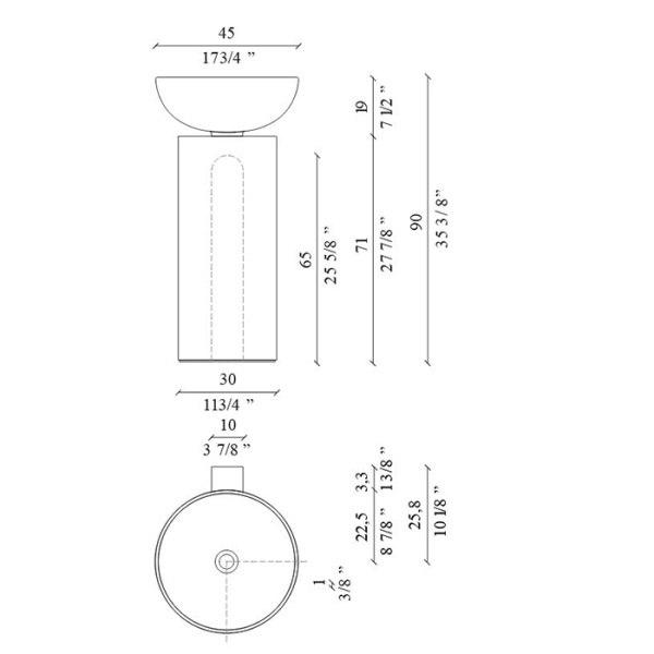 MILLDUE  SABA 45 Раковина напольная Ø450x900 мм., слив в стену, без отв. под смеситель, цвет: Caolino (цемент) 
