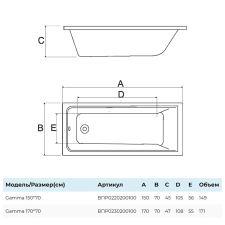 Ванна Gamma прямоугольная 170х70 