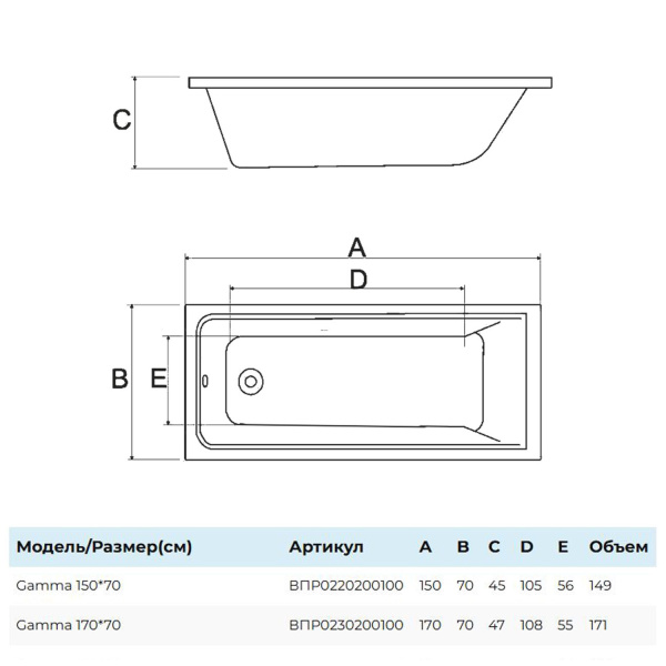 Ванна Gamma прямоугольная 170х70 