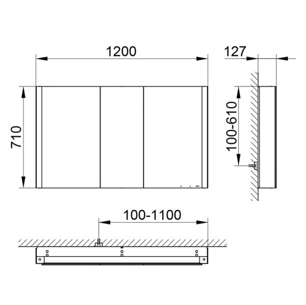Keuco SOMARIS Зеркальный шкаф 1200x710x128мм 3-дверный-двустор. зеркало, IP 44, с обогревом и плавным закр., корпус: алюминий серебристый цвет: 