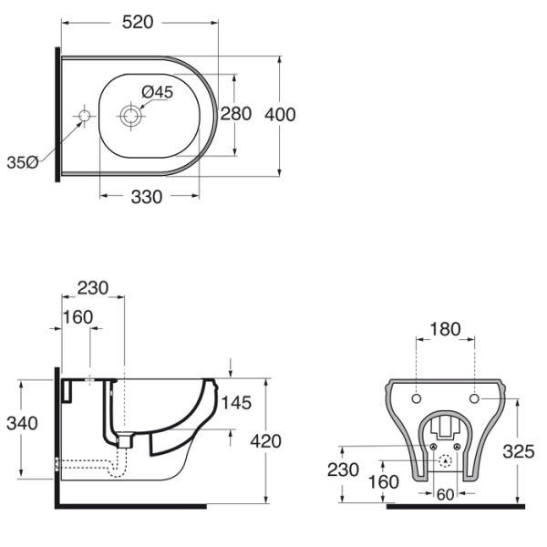 AZZURRA CHARME биде подвесное 52х40см, с 1 отв.c креплением KIT 2000 CF, цвет белый 