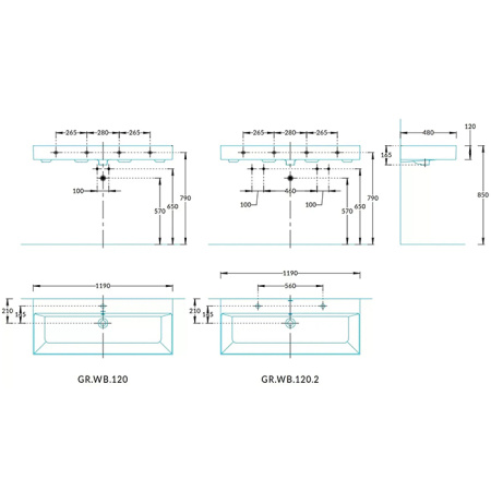 Kerama Marazzi Раковина GRANDE мебельная\подвесная 120*48*16,5см c 2 отв. под смесители с крепежом, с переливом, белая глянцевая 