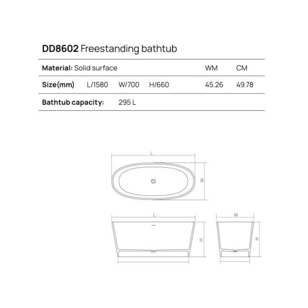 DEA DESIGN Nature Ванна 1580х700хh660 мм отдельностоящая, из Solid surface, цвет белый 