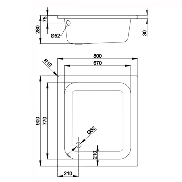 BETTE Delta Душевой поддон квадратный 90х80хh2,8 см, D52 мм,  покрвтие BetteАнтислип и BetteGlasur® Plus, цвет белый (без шумоизоляции) 