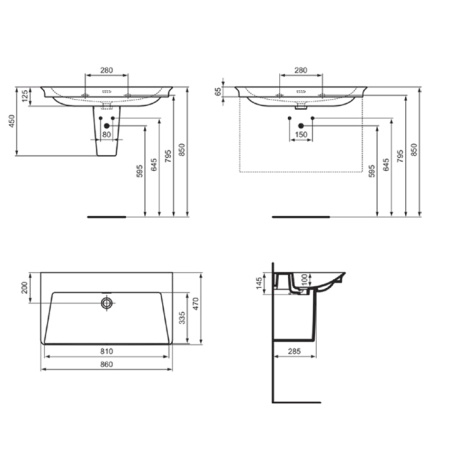 Ideal Standard La Dolce Vita Раковина 860х470хh125 мм, подвесная/накладная, без отв, с переливом и крепежом, цвет: белый глянец 