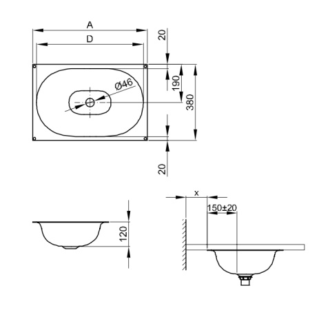 BETTE COMODO Раковина встраиваемая снизу  574х380х120 мм,  без отв под смес.без перел., BetteGlasur® Plus, цвет белый 