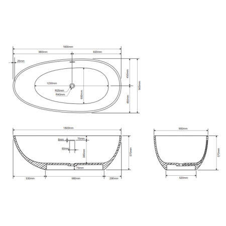 DEA DESIGN Modern Ванна отдельностоящая 180×90×h57 см, материал: Solid Surface искуственный камень, цвет: Grey №3 