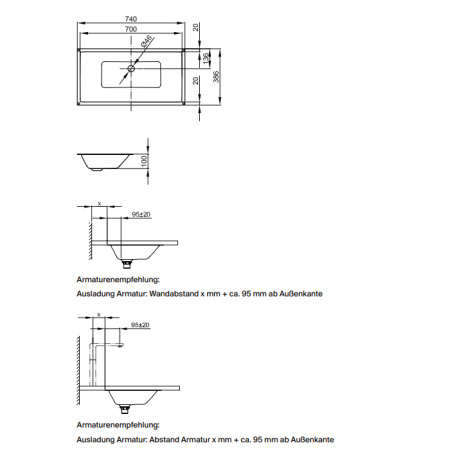 BETTE Loft  Раковина встраиваемая снизу 740х386х100 мм, без перелива, без отв под см. цвет белый 
