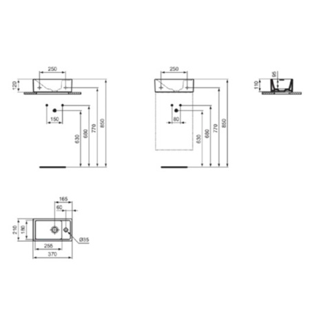 Ideal Standard i.life S Раковина 370х210xh120 мм, подвесная, с отв. под смес. справа, без перелива, без крепежа, цвет: белый матовый 