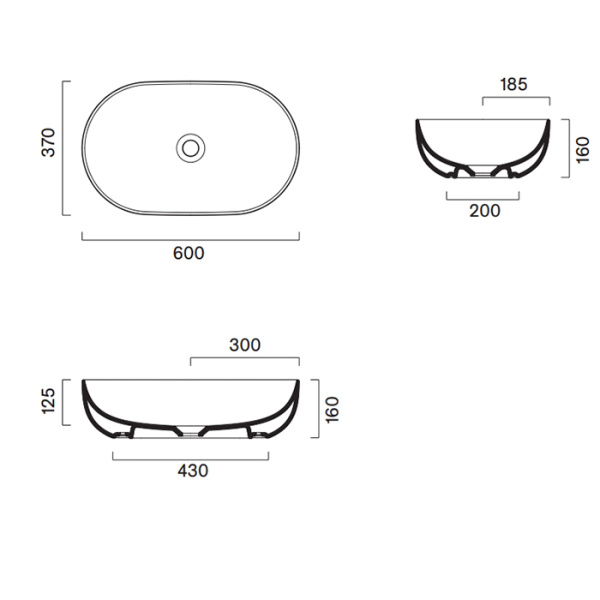 Catalano SFERA Раковина 60x37 h16 накладная, без отв. под смеситель, покрытие Cataglaze+, цвет черный матовый 