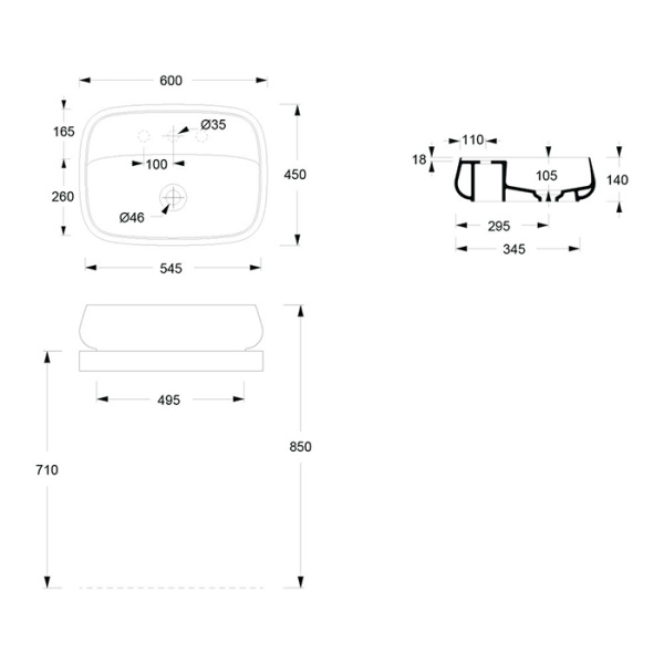 Alice Nur Раковина 60x45xВ15 Plan, накладная, с отверстием под смеситель, белый глянцевый 