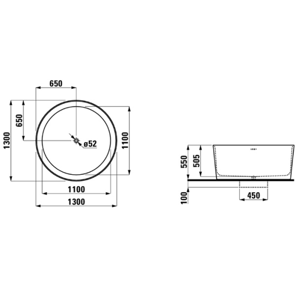 Laufen VAL Ванна 1300x1300x505мм, свободностоящая, круглая, с слив-переливом,  материал: композит, цвет: белый 