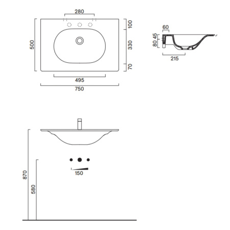 Catalano SFERA Раковина консоль 75x50, без отв. под смеситель, покрытие Cataglaze+, цвет белый глянцевый 