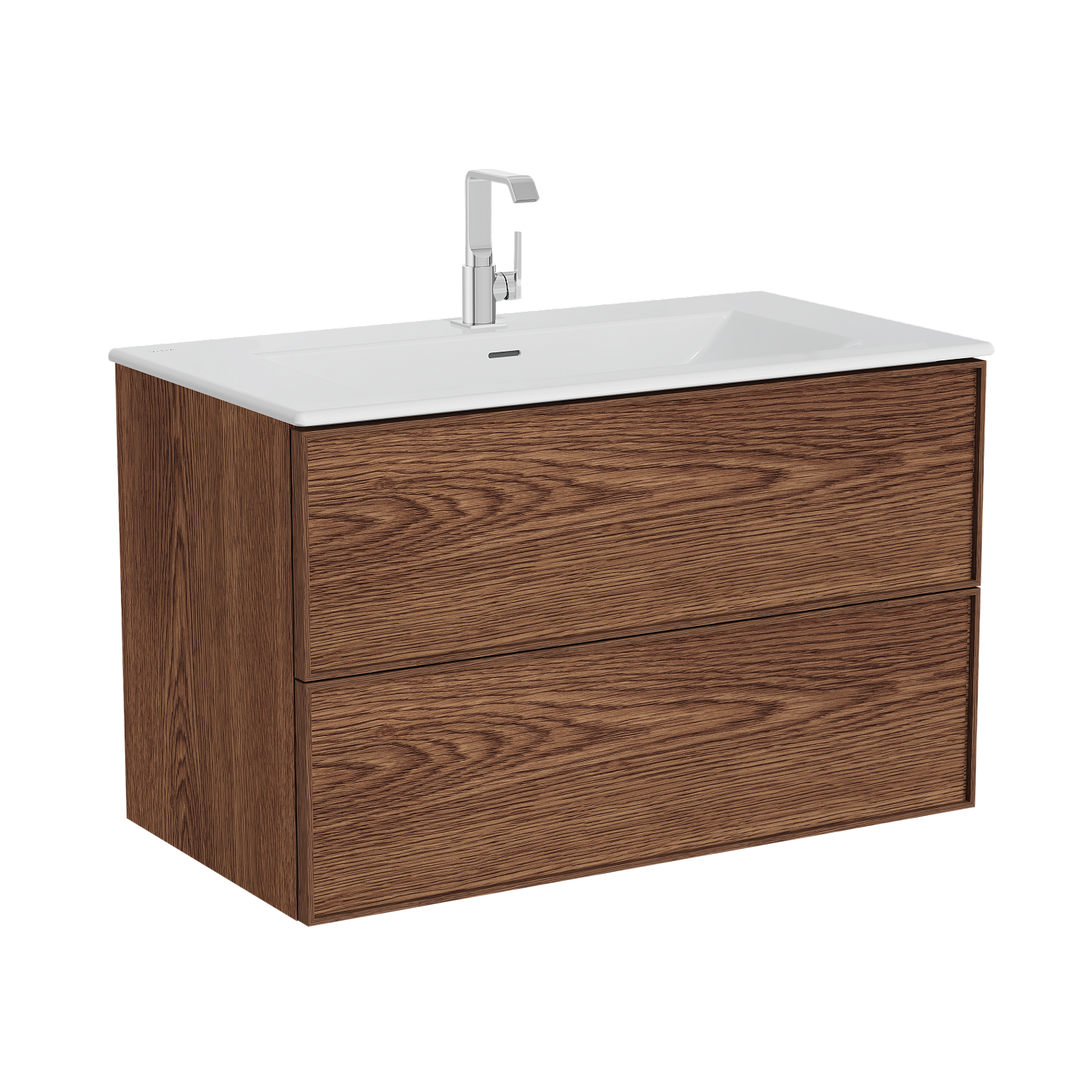 Тумба Metropol Edge с раковиной c 2мя ящиками, 100 см, с подсветкой в верхнем ящике, цвет ореховое дерево (натуральный шпон)